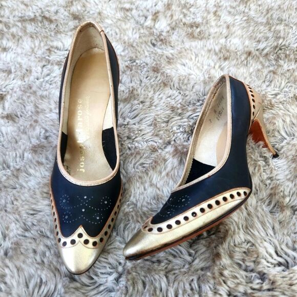 Joseph Larose 1960s Vintage Gold and Black Pump‎ Heels Size 7 - Picture 1 of 12